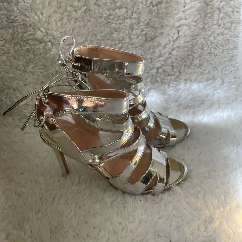 Herstyle Estrella patent metallic silver ankle straps sandals back lace size 11
